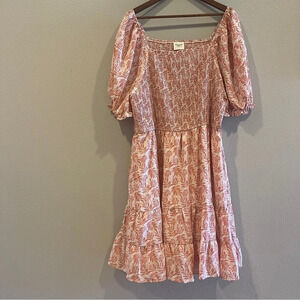 Hayden Plus Pink Botanical Print Smocked Bodice Square Neck Woven Dress Size 2XL